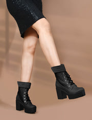 Padchin Women Block Heel Boot With Velcro Strap & Lace Up Style